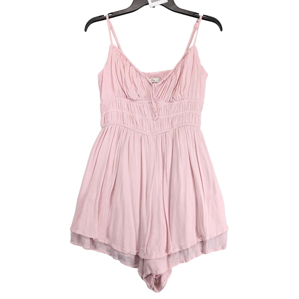 Hollister Pink Smocked Babydoll Romper Sz M Tie Front Lined Pockets Y2K Coquette